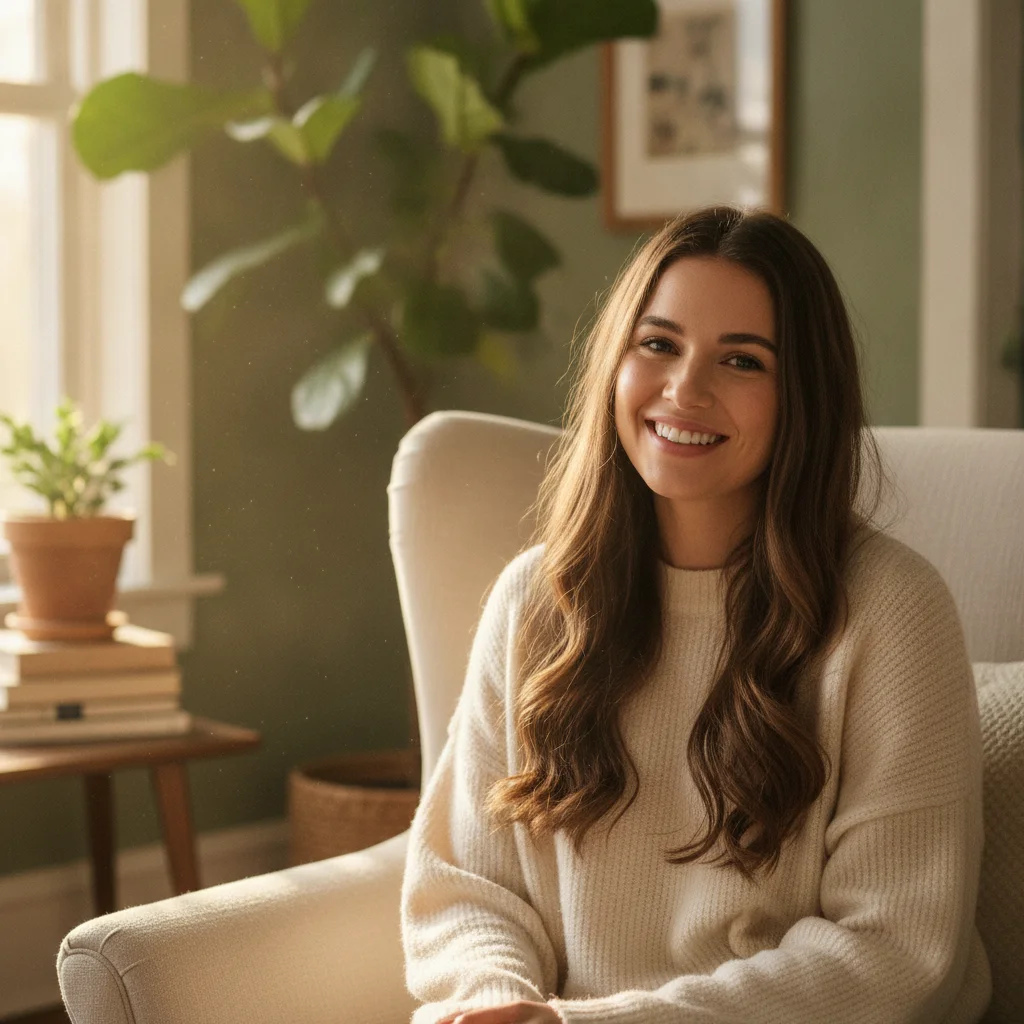 Relaxed, smiling patient at ease in a warm, comfortable setting