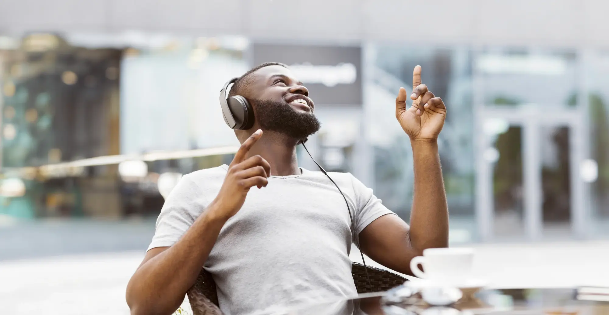 Smiling man wearing headphones